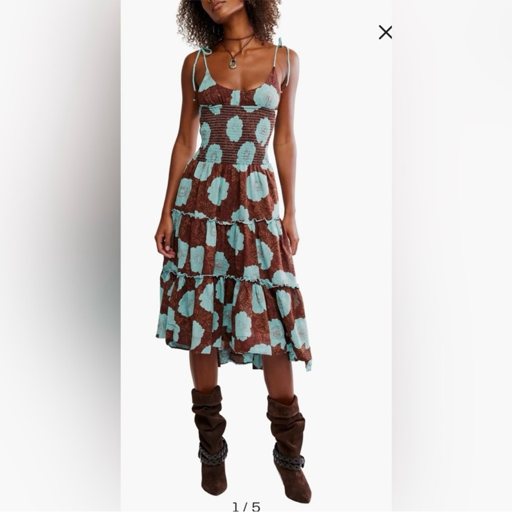 NWT Free People Adriel Tie Strap Tiered Midi Dress in Nutmeg Combo
